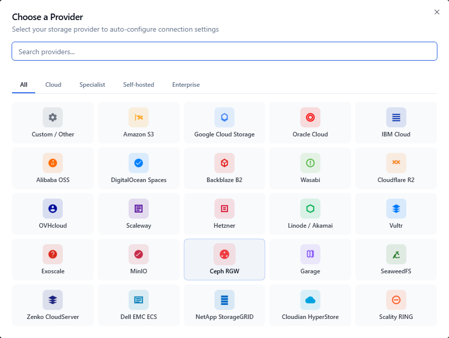 S3 Explorer provider picker showing 25 S3-compatible presets including Amazon S3, Cloudflare R2, Backblaze B2, MinIO, Garage and SeaweedFS
