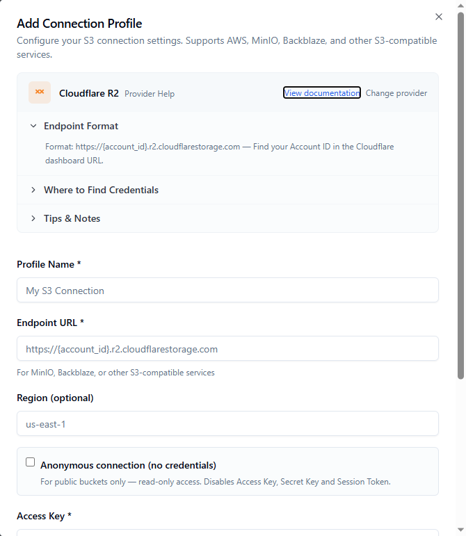 S3 Explorer connection form pre-filled for Cloudflare R2 with endpoint format and built-in provider help