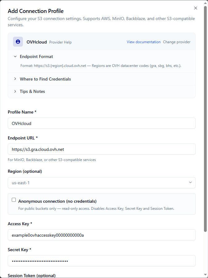 OVHcloud S3 browser — connection settings and examples